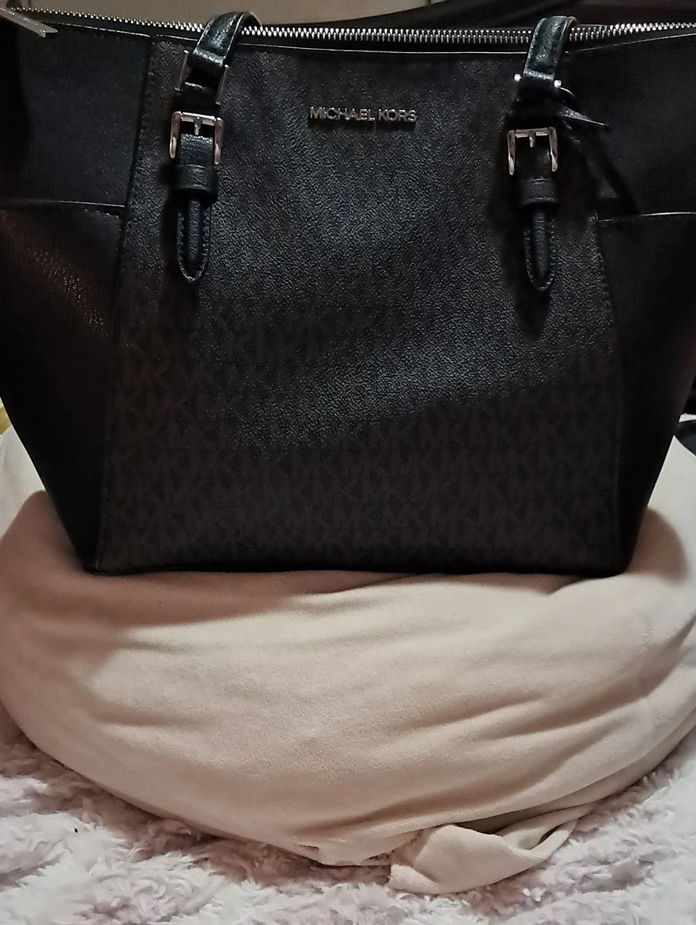 Michael Kors Black Logo-Pattern Tote with Buckle Straps